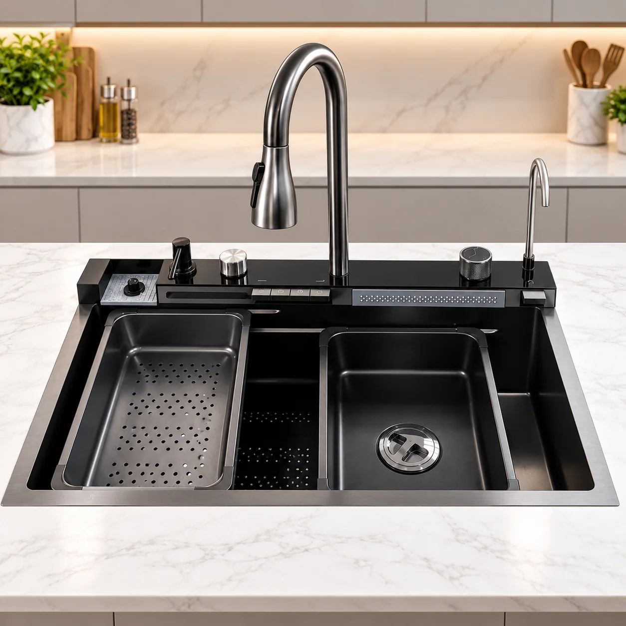 Fregadero Smart Toscana instalado en cocina con grifería extraíble